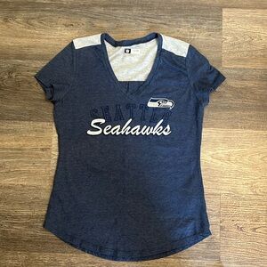 NFL Seattle Seahawks Women's V-Neck Short Sleeve Shirt - Blue & Gray Medium